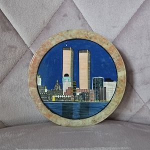 Vintage Handpainted Soapstone Coaster Set of 6 NYC Twin Towers Skyline